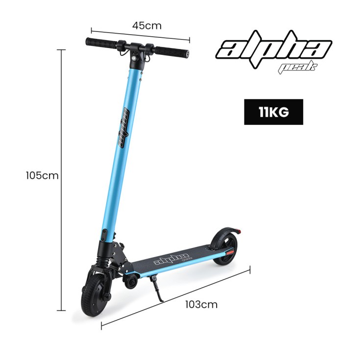 alpha peak electric scooter 300w power up to 25km/h adult teens e scooter easy fold, blue Blue Alpha Peak electric scooter with dimensions.