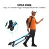 alpha peak electric scooter 300w power up to 25km/h adult teens e scooter easy fold, blue Person wheeling blue collapsible scooter easily.
