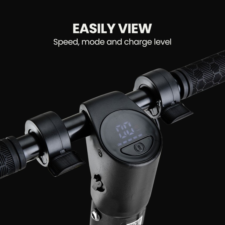 alpha peak 300w 10ah electric scooter, suspension, for adults or teens, black Electric scooter handlebar with digital display screen.