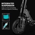 alpha peak 300w 10ah electric scooter, suspension, for adults or teens, black Close-up of scooter wheel with integrated suspension system.