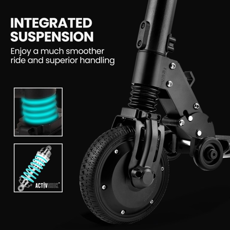 alpha peak 300w 10ah electric scooter, suspension, for adults or teens, black Close-up of scooter wheel with integrated suspension system.