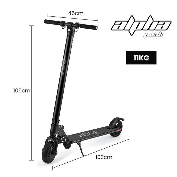 alpha peak 300w 10ah electric scooter, suspension, for adults or teens, black Black Alpha Peak scooter, dimensions 105x103x45 cm, 11kg.