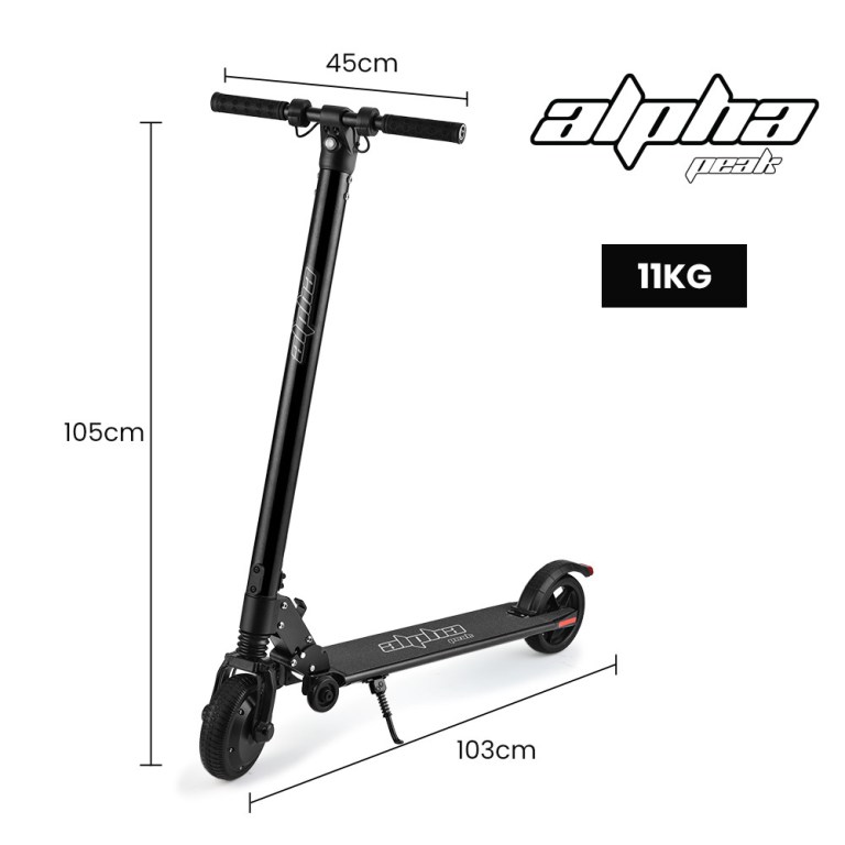 alpha peak 300w 10ah electric scooter, suspension, for adults or teens, black Black Alpha Peak scooter, dimensions 105x103x45 cm, 11kg.