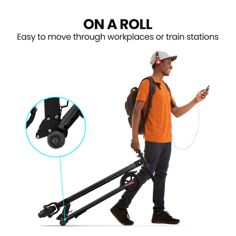 alpha peak 300w 10ah electric scooter, suspension, for adults or teens, black Person rolling portable scooter, easy workplace transport.