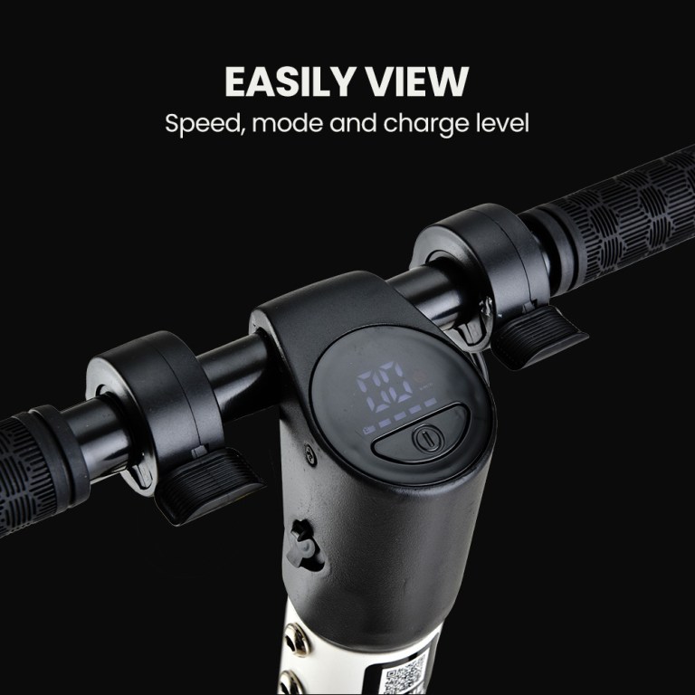 alpha peak electric scooter 300w power up to 25km/h adult teens e scooter easy fold, white Electric scooter handlebar with digital display.