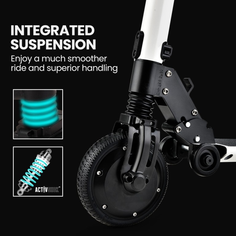 alpha peak electric scooter 300w power up to 25km/h adult teens e scooter easy fold, white Scooter wheel with integrated suspension system.