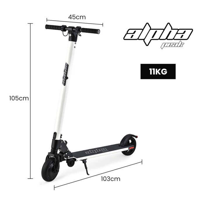 alpha peak electric scooter 300w power up to 25km/h adult teens e scooter easy fold, white Alpha Peak scooter dimensions and weight shown.
