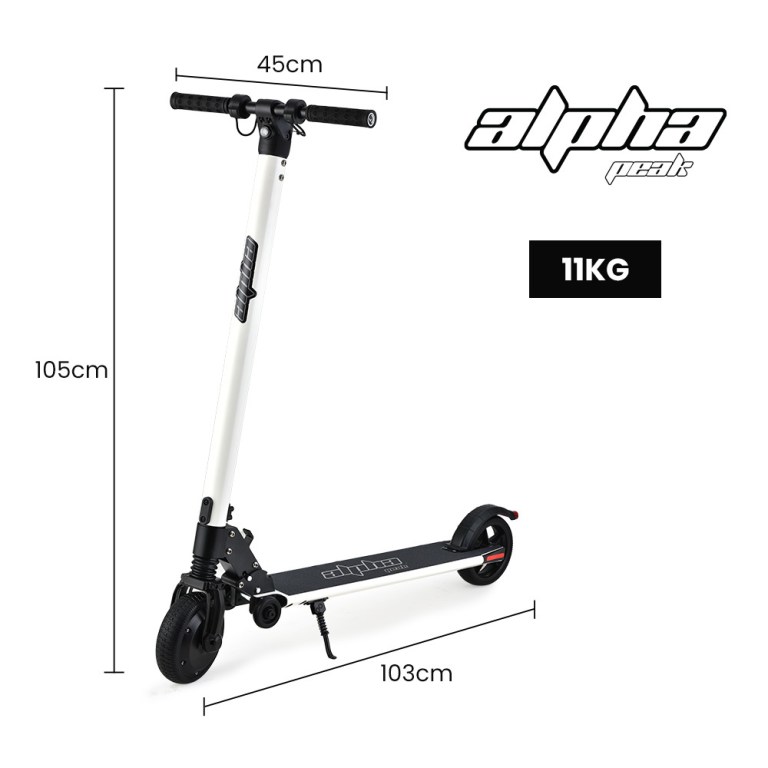 alpha peak electric scooter 300w power up to 25km/h adult teens e scooter easy fold, white Alpha Peak scooter dimensions and weight shown.