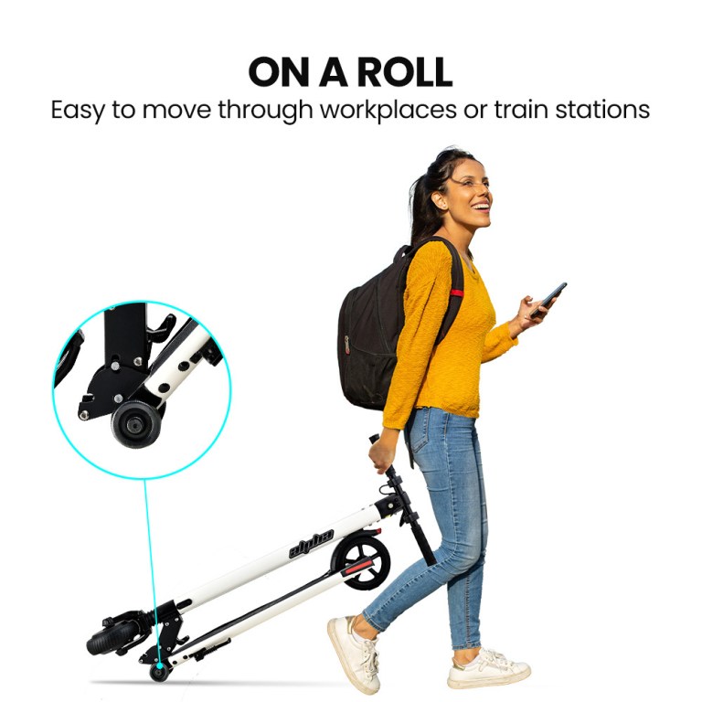 alpha peak electric scooter 300w power up to 25km/h adult teens e scooter easy fold, white Woman pulling portable scooter in workplace setting.