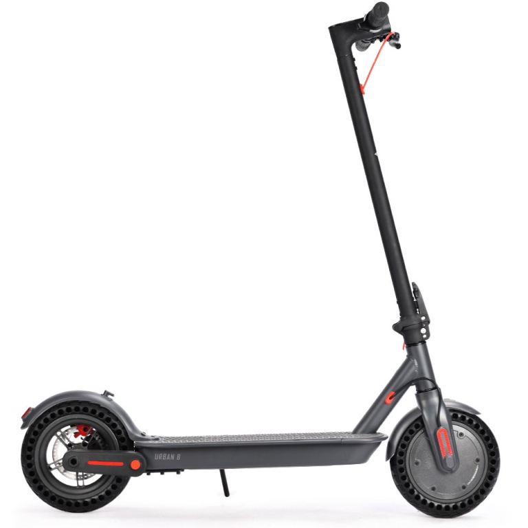 Black electric scooter with red accents.