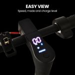 Electric scooter display with speed, mode, charge indicators.