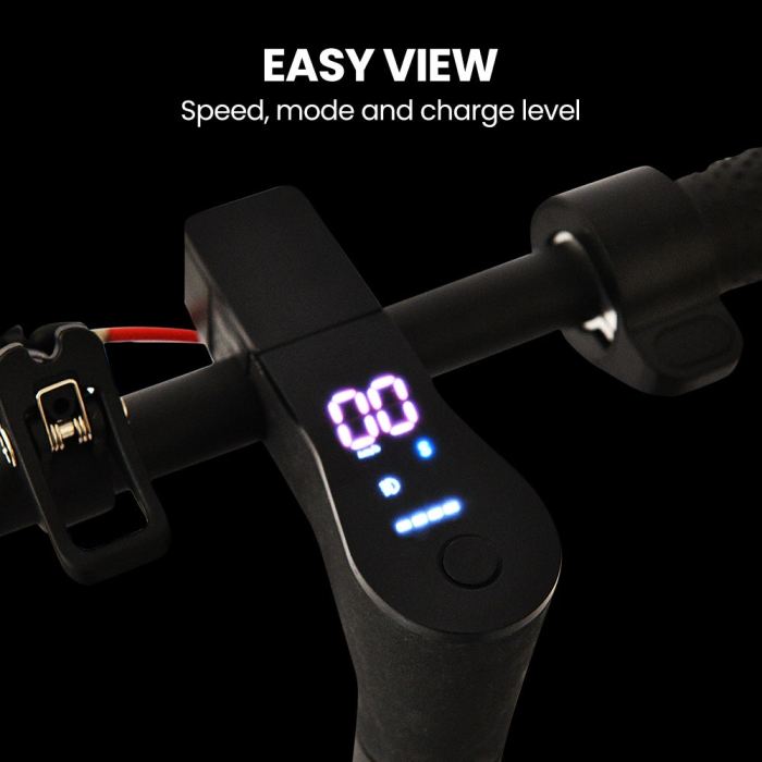 alpha urban 8 electric scooter, suspension, 25km range, 8.5 inch wheels, brushless motor, motorised commuter escooter for adults, grey Electric scooter display with speed, mode, charge indicators.