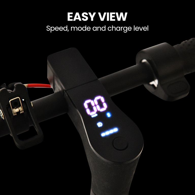 Electric scooter display with speed, mode, charge indicators.