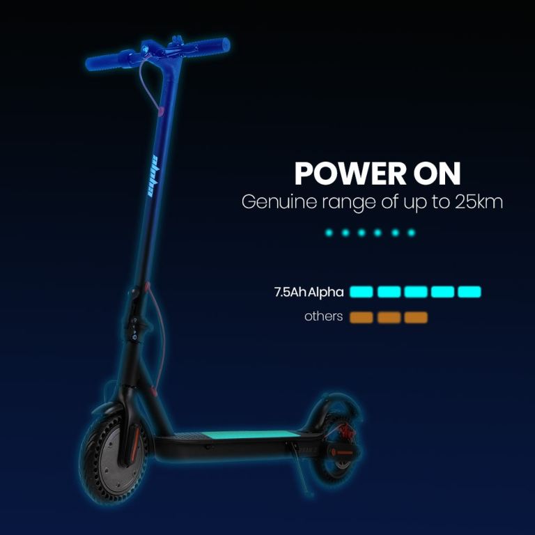Electric scooter with 25km range, power on.