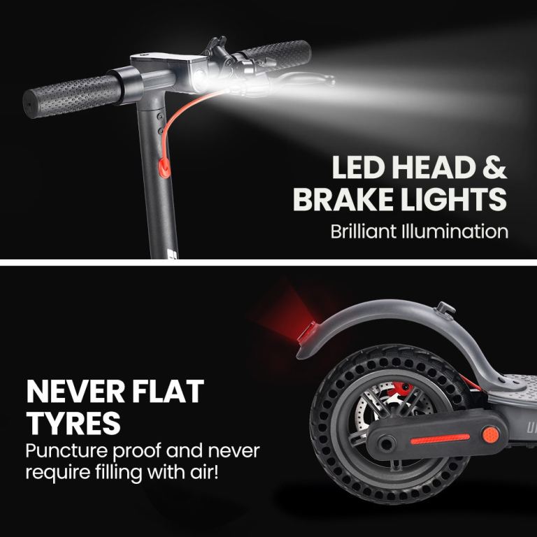 Electric scooter with LED lights and durable tyres.