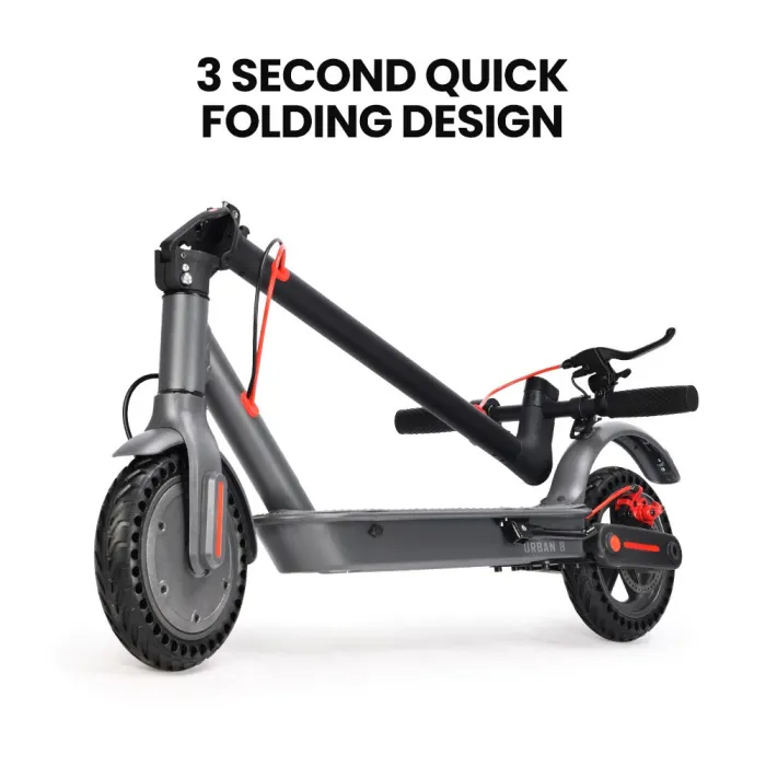 alpha urban 8 electric scooter, suspension, 25km range, 8.5 inch wheels, brushless motor, motorised commuter escooter for adults, grey Foldable electric scooter with quick folding design.