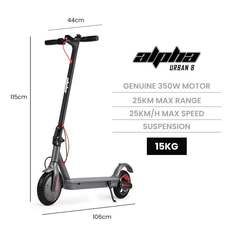 Alpha Urban 8 electric scooter specifications listed.
