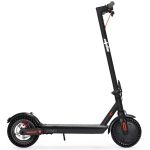 Black electric scooter, side view, isolated white background.