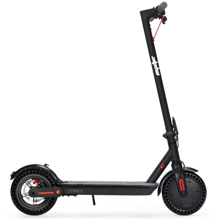 Black electric scooter, side view, isolated white background.
