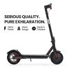 alpha urban 8 electric scooter, suspension, 25km range, 8.5 inch wheels, brushless motor, motorised commuter escooter for adults, black Black electric scooter with specs and features displayed.