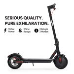 Black electric scooter with specs and features displayed.