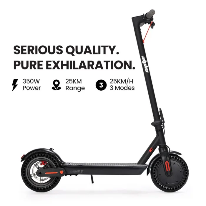 alpha urban 8 electric scooter, suspension, 25km range, 8.5 inch wheels, brushless motor, motorised commuter escooter for adults, black Black electric scooter with specs and features displayed.