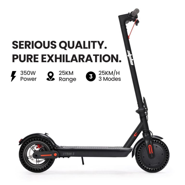 Black electric scooter with specs and features displayed.