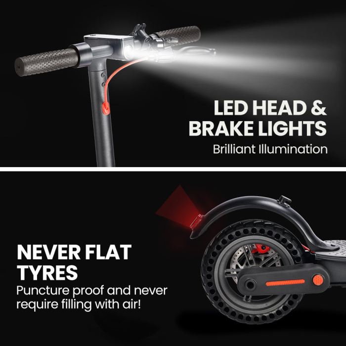 alpha urban 8 electric scooter, suspension, 25km range, 8.5 inch wheels, brushless motor, motorised commuter escooter for adults, black Electric scooter with LED lights and puncture-proof tyres.