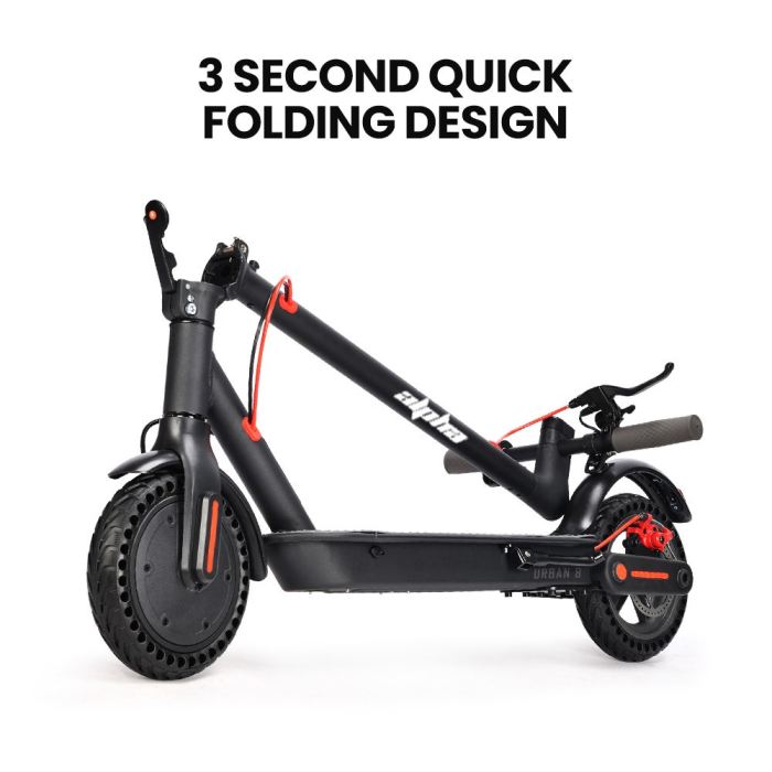 alpha urban 8 electric scooter, suspension, 25km range, 8.5 inch wheels, brushless motor, motorised commuter escooter for adults, black Quick-folding electric scooter in compact design.