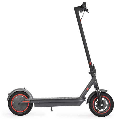 v219 trnescala6ga 202505281153 00.jpg Black electric scooter with red accents on wheels.