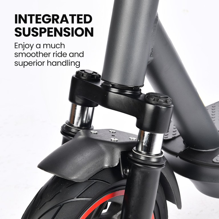 Close-up of scooter's integrated suspension system.
