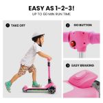 rovo kids 3 wheel electric scooter, ages 3 8, adjustable height, folding, lithium battery, pink Child rides pink scooter with go button, brakes.