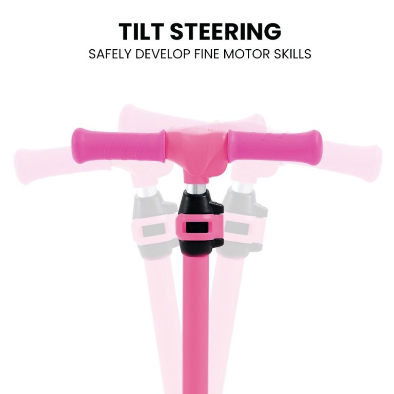 rovo kids 3 wheel electric scooter, ages 3 8, adjustable height, folding, lithium battery, pink Pink scooter handlebar for tilt steering feature