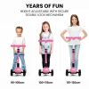 rovo kids 3 wheel electric scooter, ages 3 8, adjustable height, folding, lithium battery, pink Adjustable pink scooters for kids of various heights.