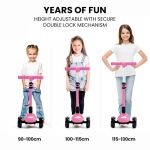 rovo kids 3 wheel electric scooter, ages 3 8, adjustable height, folding, lithium battery, pink Adjustable pink scooters for kids of various heights.