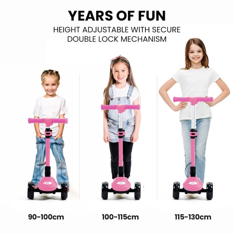 rovo kids 3 wheel electric scooter, ages 3 8, adjustable height, folding, lithium battery, pink Adjustable pink scooters for kids of various heights.