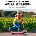 rovo kids 3 wheel electric scooter, ages 3 8, adjustable height, folding, lithium battery, pink Child riding pink scooter in a field.