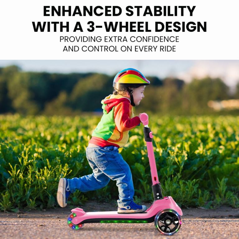 rovo kids 3 wheel electric scooter, ages 3 8, adjustable height, folding, lithium battery, pink Child riding pink scooter in a field.