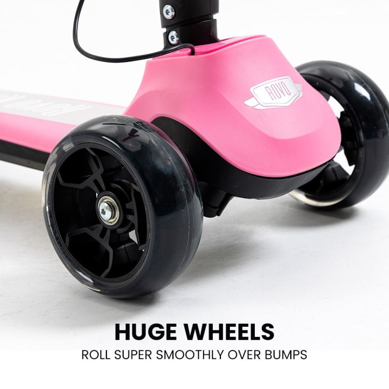 rovo kids 3 wheel electric scooter, ages 3 8, adjustable height, folding, lithium battery, pink Pink scooter with large smooth-rolling wheels.