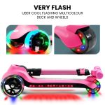 rovo kids 3 wheel electric scooter, ages 3 8, adjustable height, folding, lithium battery, pink Pink scooter with multicolour flashing wheels.