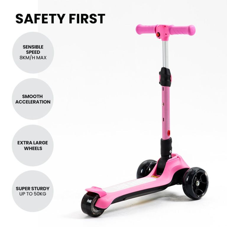 rovo kids 3 wheel electric scooter, ages 3 8, adjustable height, folding, lithium battery, pink Pink children's scooter with safety features and sturdy design.