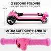 rovo kids 3 wheel electric scooter, ages 3 8, adjustable height, folding, lithium battery, pink Foldable pink scooter with soft grip handles.