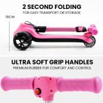 rovo kids 3 wheel electric scooter, ages 3 8, adjustable height, folding, lithium battery, pink Foldable pink scooter with soft grip handles.