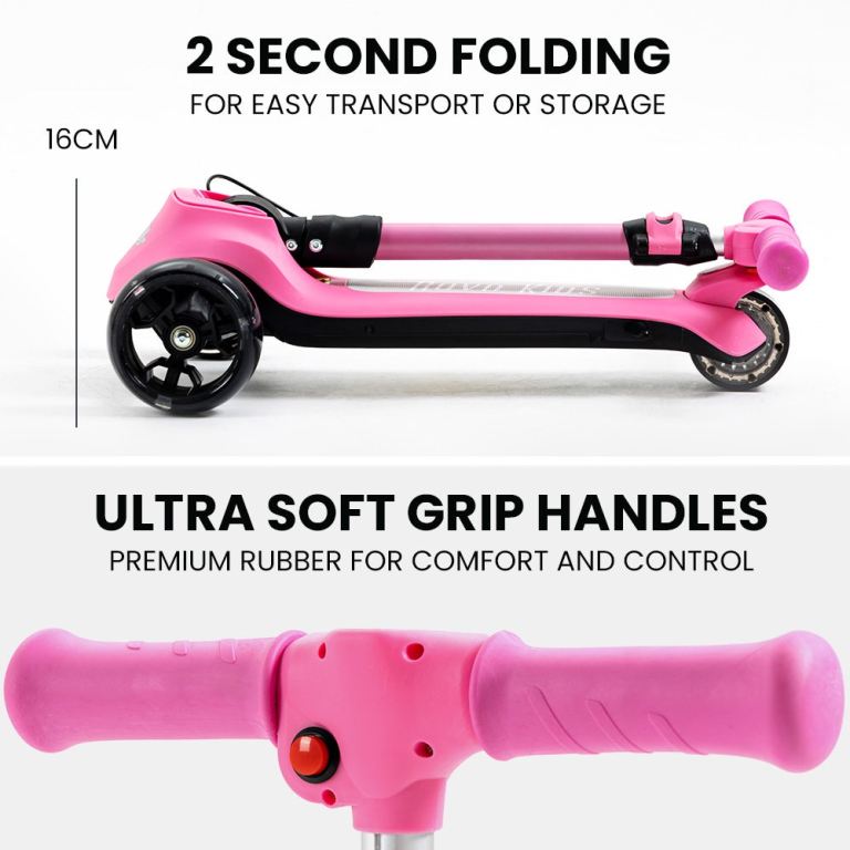 rovo kids 3 wheel electric scooter, ages 3 8, adjustable height, folding, lithium battery, pink Foldable pink scooter with soft grip handles.