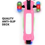 rovo kids 3 wheel electric scooter, ages 3 8, adjustable height, folding, lithium battery, pink Pink scooter with LED wheels, anti-slip deck.
