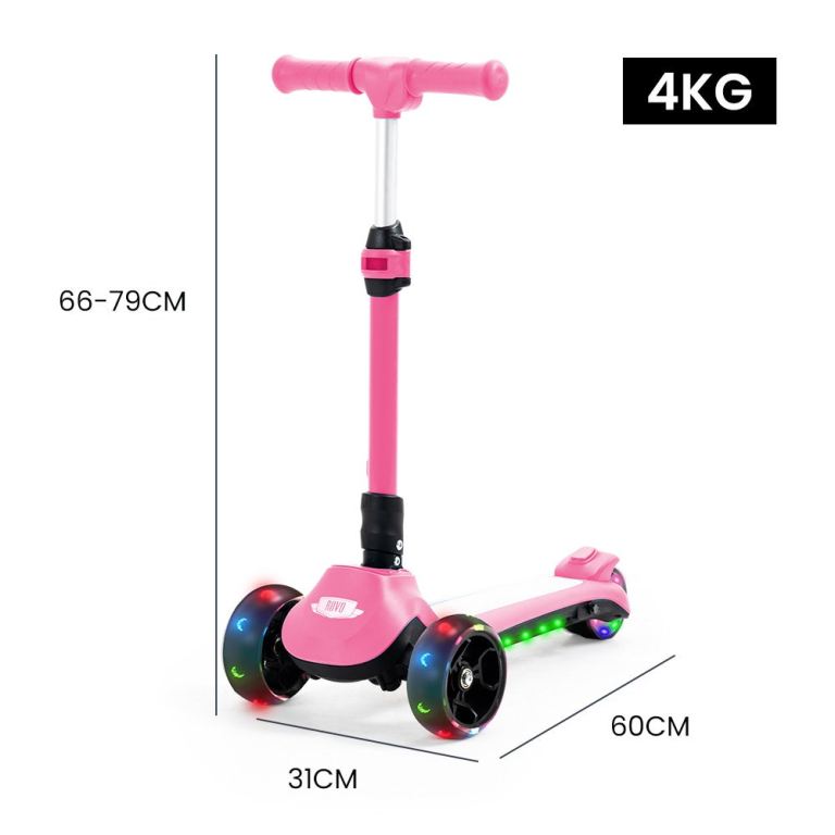 rovo kids 3 wheel electric scooter, ages 3 8, adjustable height, folding, lithium battery, pink Pink children's scooter with LED wheels, adjustable height.