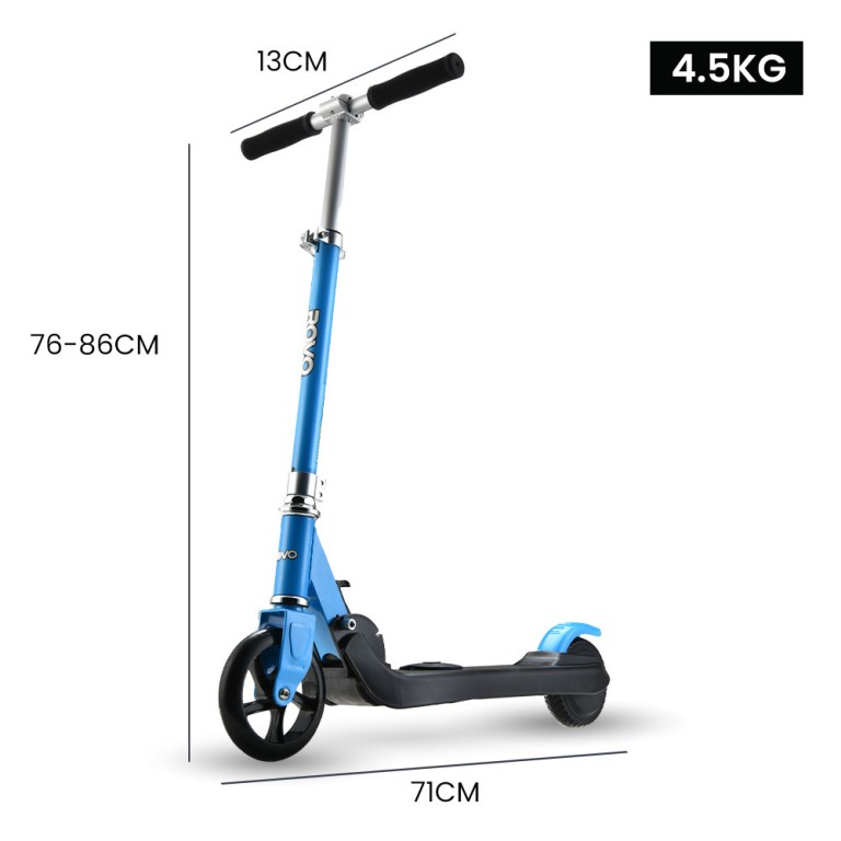 rovo kids electric scooter lithium ride on foldable e scooter 125w rechargeable, blue Blue scooter with adjustable handlebar dimensions and weight.