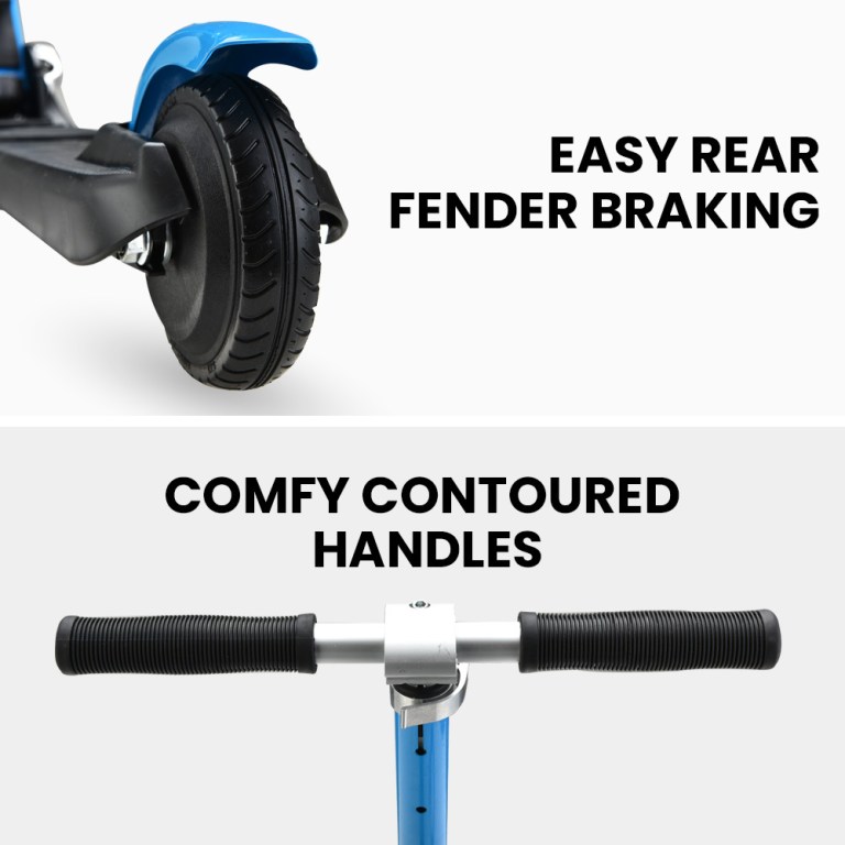 rovo kids electric scooter lithium ride on foldable e scooter 125w rechargeable, blue Scooter with rear fender brake and comfy handles.