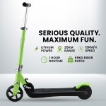 rovo kids electric scooter lithium ride on foldable e scooter 125w rechargeable, green Green electric scooter with specifications displayed.