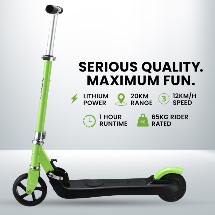 rovo kids electric scooter lithium ride on foldable e scooter 125w rechargeable, green Green electric scooter with specifications displayed.